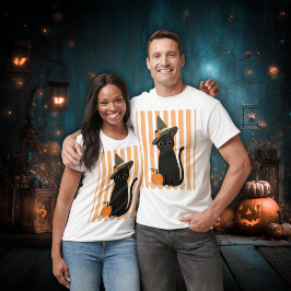 Camiseta Cute Halloween Black Cat with Witch Hat Pumpkin