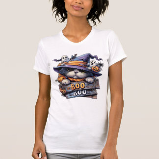 Camiseta Cute Halloween Cat Sticker � Sombrero de Bruja, Ca