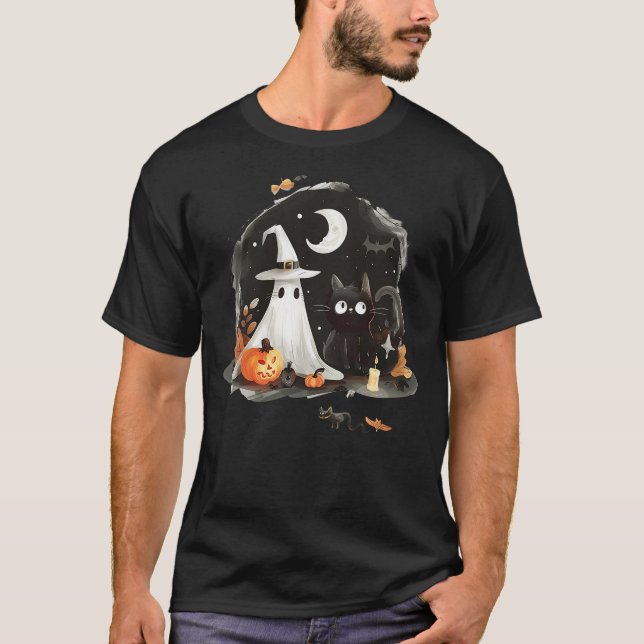 Camiseta Cute Halloween for Girls Kids Creepy Ghost, Cat, P (Anverso)