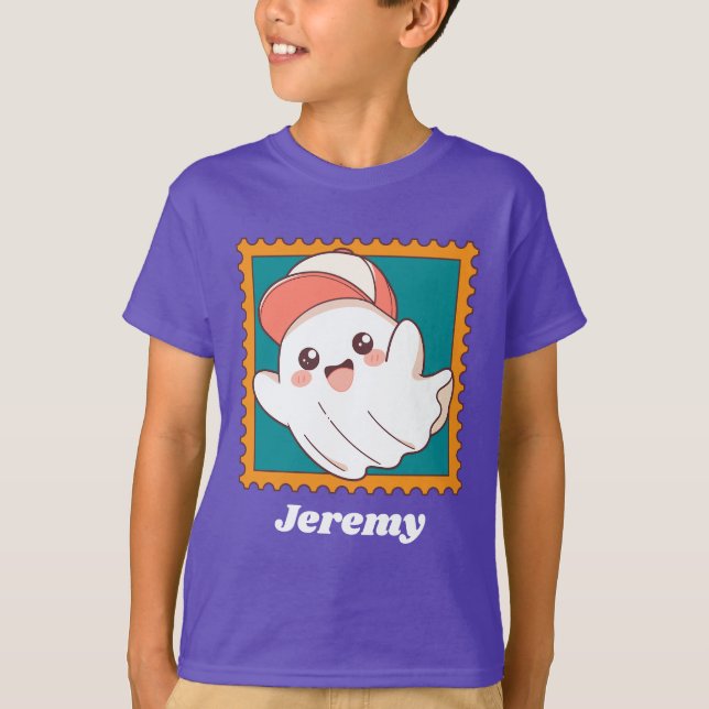 Camiseta Cute Halloween Ghost Baseball Cap Kids Name (Anverso)