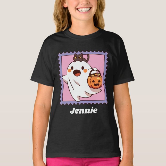 Camiseta Cute Halloween Ghost Black Cat Pumpkin Add Name (Anverso)