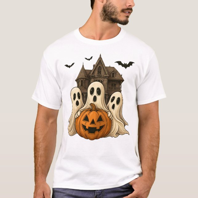 Camiseta Cute Halloween Ghosts and Haunted House Pumpkin T- (Anverso)