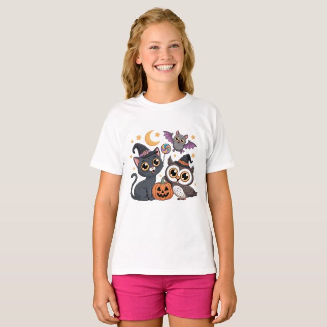 Camiseta Cute Halloween KidsCat Owl  Tee (Anverso completo)