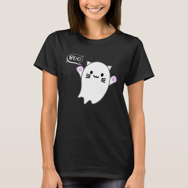 Camiseta Cute Halloween Kitten Cat Flying Ghost Boo Costume (Anverso)