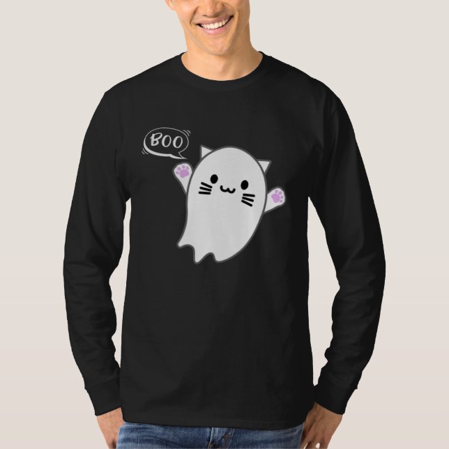 Camiseta Cute Halloween Kitten Cat Flying Ghost Boo Costume (Anverso)