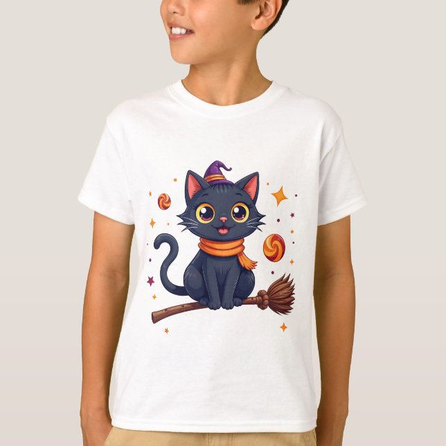 Camiseta Cute Halloween Kitten on Broomstick T-Shirt (Anverso)