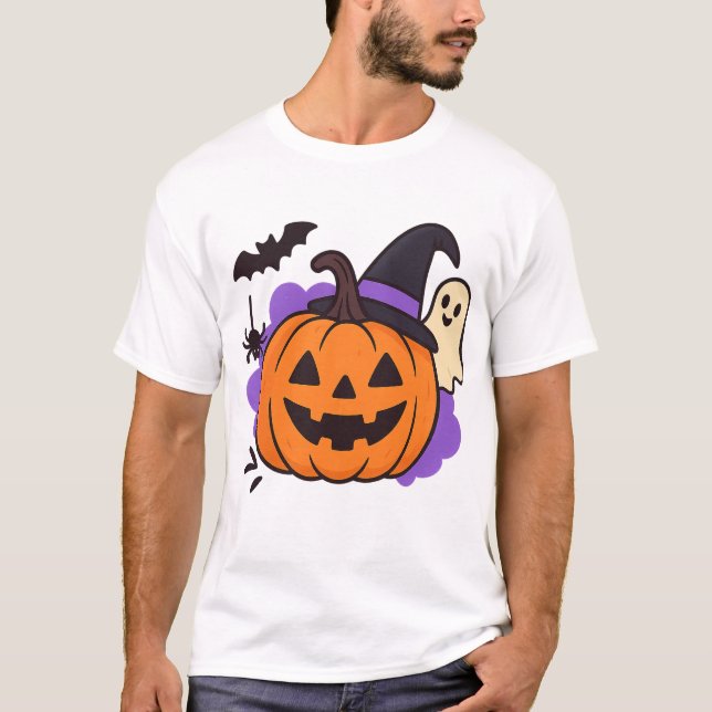 Camiseta Cute Halloween Pumpkin with Witch Hat – Ghost & Ba (Anverso)