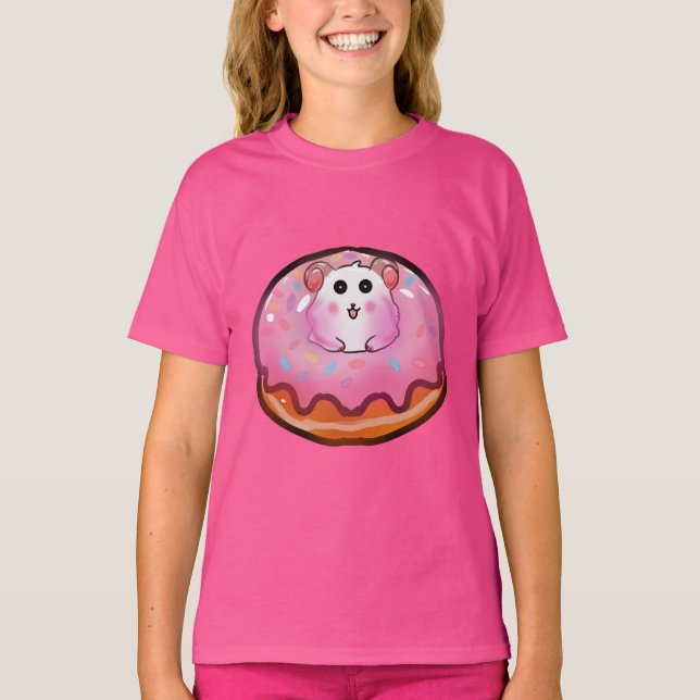 Camiseta Cute Hamster Kawaii en Arte de Donut Rosado Escarc (Anverso)