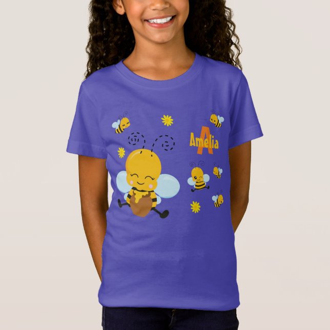 Camiseta Cute Happy Bumble Bee con flores moradas (Anverso)