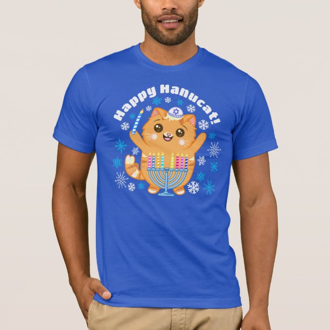 Camiseta Cute Happy Hanucat, Hanukkah Cat Menorah T-Shirt (Anverso)