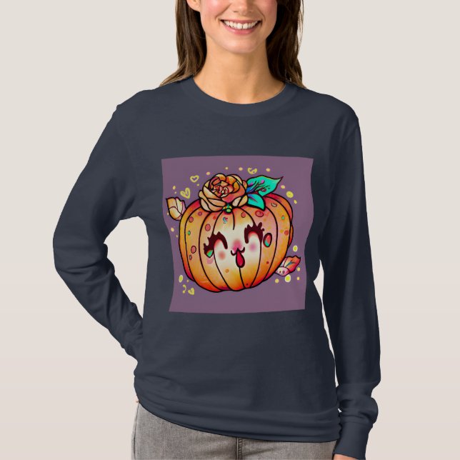 Camiseta Cute Happy Pumpkin Halloween Gráfica de Larga Slee (Anverso)