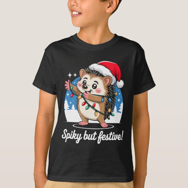 Camiseta Cute Hedgehog With Santa Hat Christmas Lights Wint (Anverso)