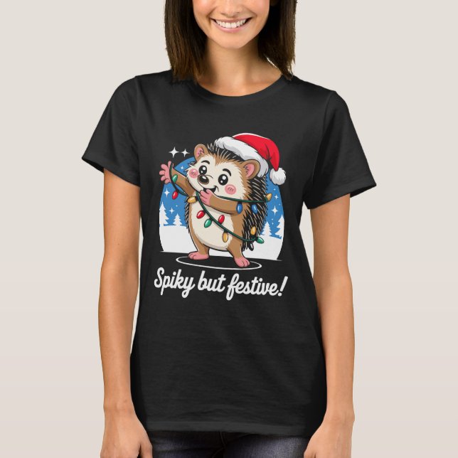 Camiseta Cute Hedgehog With Santa Hat Christmas Lights Wint (Anverso)
