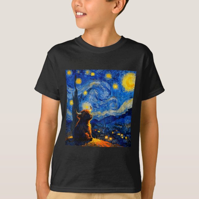 Camiseta Cute Highland Baby Cow Graphic Van Gogh Style Star (Anverso)