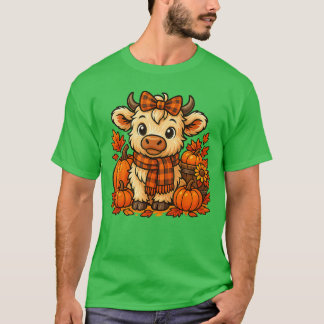 Camiseta Cute Highland Cow Autumn Pumpkin Plaid Scarf Fall 