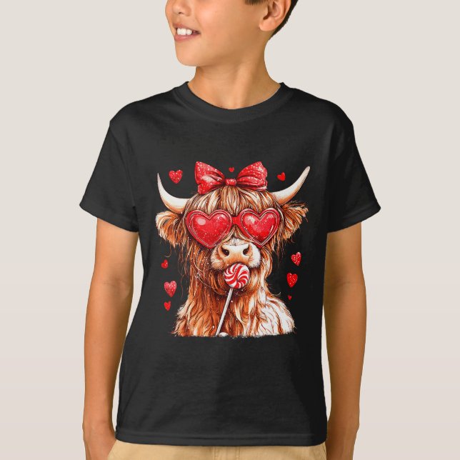 Camiseta Cute Highland Cow Candy Cane Heart Valentines Day  (Anverso)