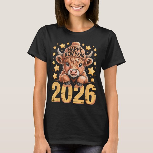 Camiseta Cute Highland Cow Happy New Year 2026 Tee Funny An (Anverso)