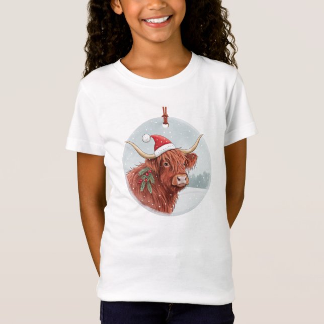 Camiseta Cute Highland Cow Kids Christmas Shirt | Santa Hat (Anverso)