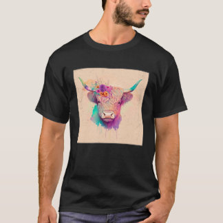 Camiseta Cute Highland Hairy Cow Paint Splatter Floral Colo