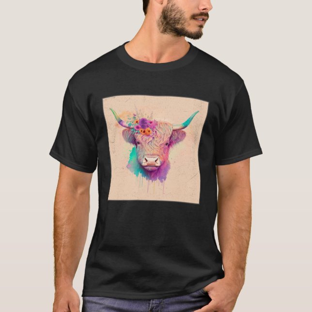 Camiseta Cute Highland Hairy Cow Paint Splatter Floral Colo (Anverso)
