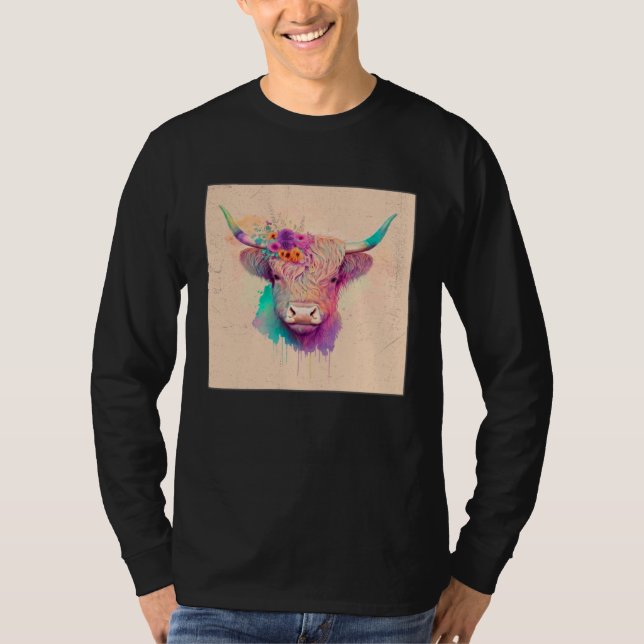 Camiseta Cute Highland Hairy Cow Paint Splatter Floral Colo (Anverso)