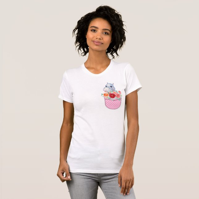 Camiseta Cute Hippo en un boleto impreso con puntos rosados (Anverso completo)