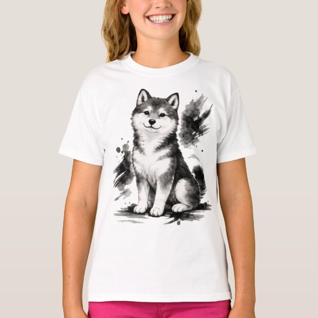 Camiseta 【Cute Husky Japanese Ink Art Girls T-Shirt】 (Anverso)