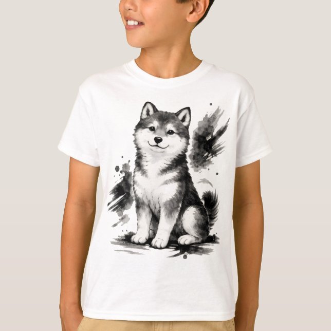 Camiseta 【Cute Husky Japanese Ink Art Kids T-Shirt】 (Anverso)