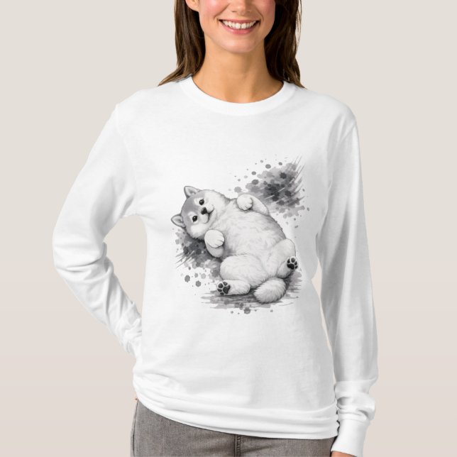 Camiseta 【Cute Husky Puppy Ink Art Long Sleeve T-Shirt】 (Anverso)