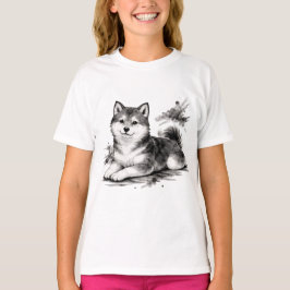 Camiseta 【Cute Husky Puppy Japanese Ink Art Girls T-Shirt】