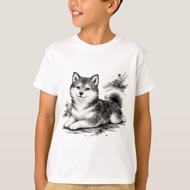 Camiseta 【Cute Husky Puppy Japanese Ink Art Kids T-Shirt】 (Anverso)