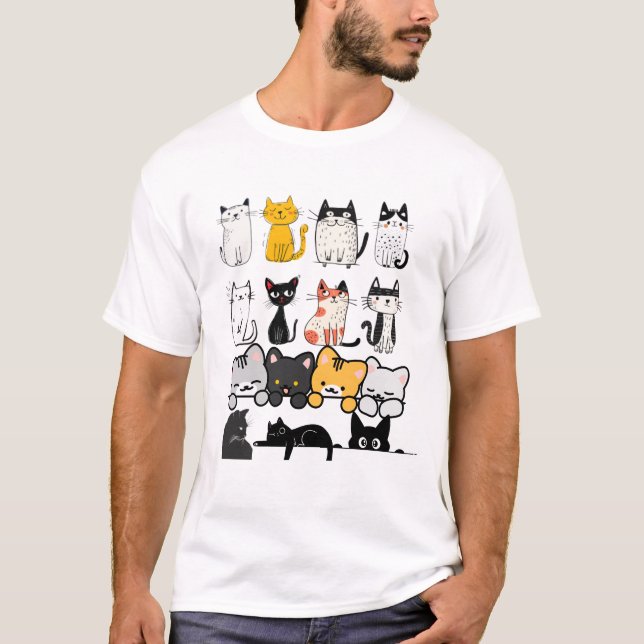 Camiseta Cute Illustrated Cat Squad on Black Background (Anverso)
