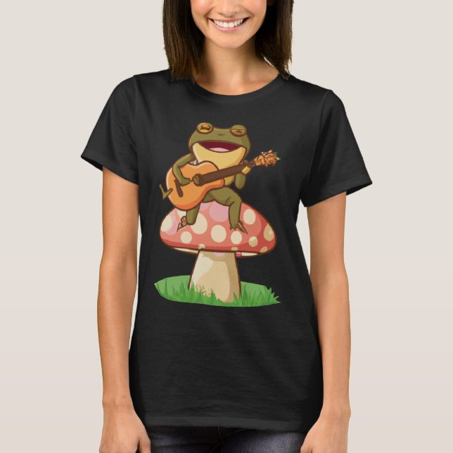 Camiseta Cute Japanese frog playing guitar banjo on a mushr (Anverso)