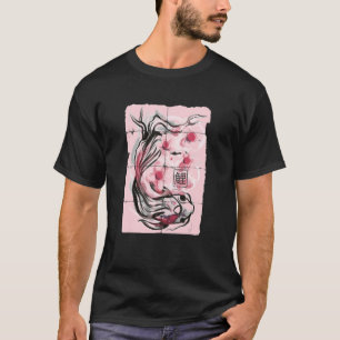 Camiseta Cute Japanese Koi Fish Ink Print con flor de cerez