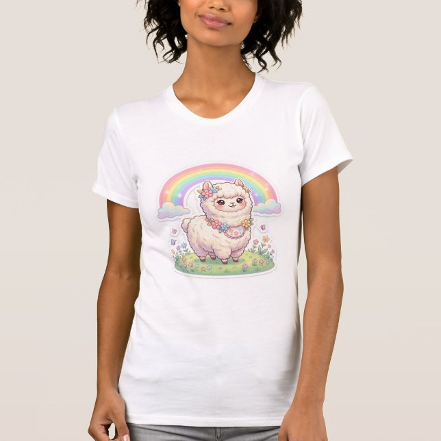 Camiseta Cute Kawaii Alpaca Arcoíris Flores Gráficas  (Anverso)
