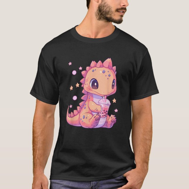 Camiseta Cute Kawaii Anime Dinosaur Bebiendo Burbuja Boba T (Anverso)
