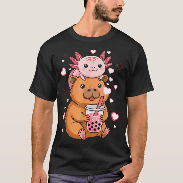 Camiseta Cute Kawaii Axolotl Capybara Bubble Tea Boys Girls (Anverso)