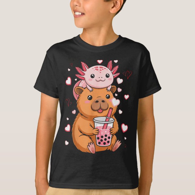 Camiseta Cute Kawaii Axolotl Capybara Bubble Tea Boys Girls (Anverso)