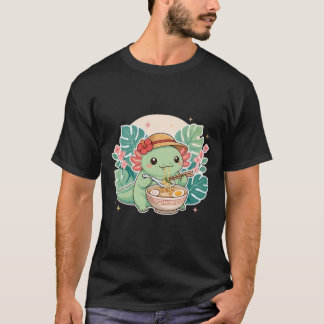 Camiseta Cute Kawaii Axolotl Comiendo Fideos Ramen Oscuro