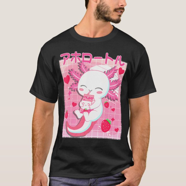 Camiseta Cute Kawaii Axolotl Fresa Leche Anime Japonés (Anverso)