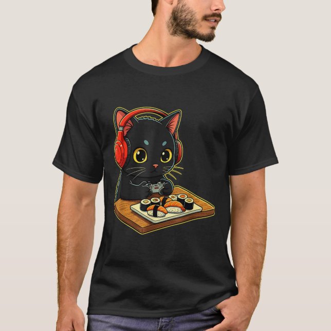Camiseta Cute Kawaii Black Cat Funny Sushi Retro Japanese C (Anverso)