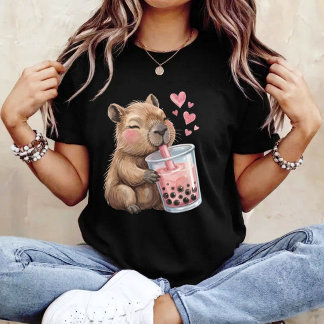 Camiseta Cute Kawaii Capybara Drink Boba Bubble Tea Kawaii 