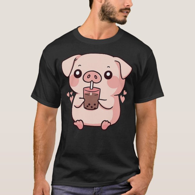 Camiseta Cute kawaii cartoon pig drinking bubble tea (2) (Anverso)