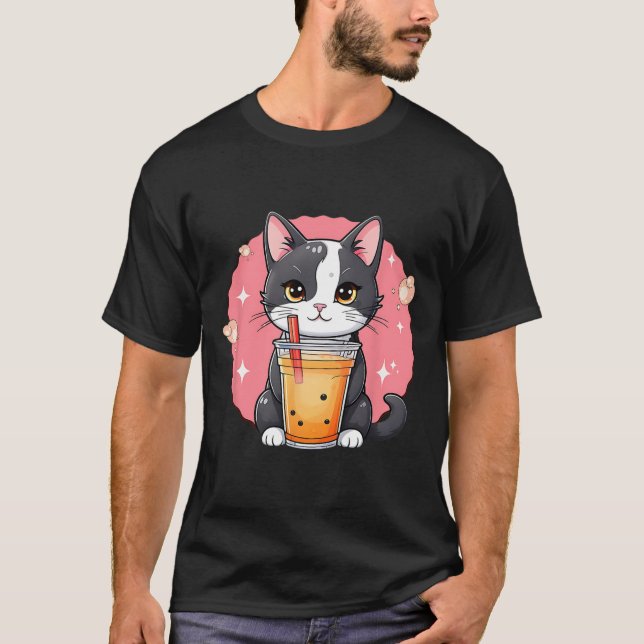 Camiseta Cute Kawaii Cat Boba Tea japonés Estilo Tuxedo Kit (Anverso)