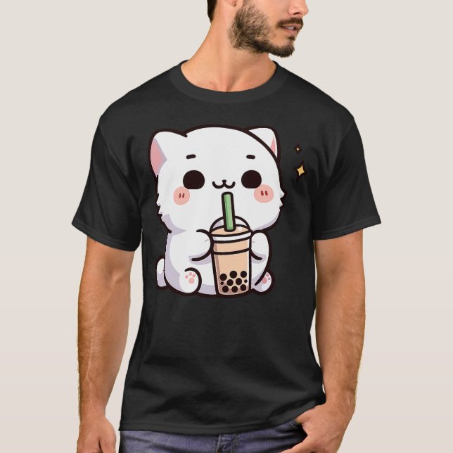 Camiseta Cute Kawaii Cat Drinking Boba Tea (Anverso)
