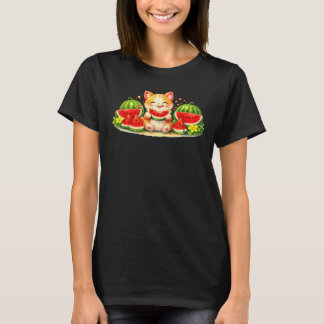 Camiseta Cute Kawaii Cat Eating Watermelon Illustration