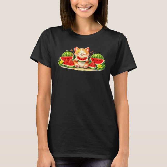 Camiseta Cute Kawaii Cat Eating Watermelon Illustration (Anverso)