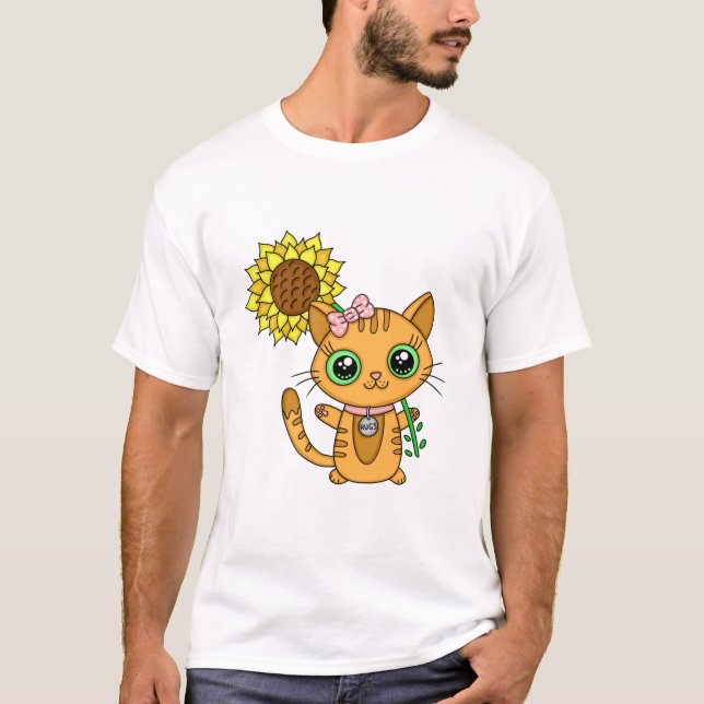 Camiseta Cute Kawaii Cat Holding Flower (Anverso)