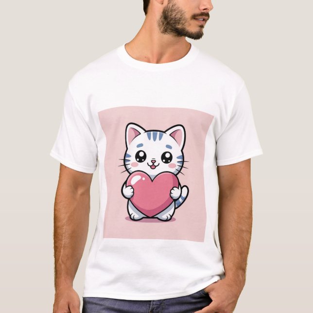 Camiseta Cute Kawaii Cat Hugging Giant Pink Heart Sticker ✨ (Anverso)