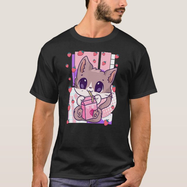 Camiseta Cute Kawaii Cat Strawberry Milk Anime Neko Shake (Anverso)